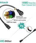 Flat Plug Extension Cord With 360 Degree Rotating Right Angle Plug, 1 Foot, 14 AWG 3 Prong Grounded Cable, Black, diagram showing cross-section and comparison