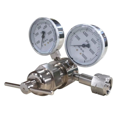 Analytical Brass High Pressure Single Stage Regulator 6000 PSI With Self Relieving Adjusting Screw And Low Torque Control Oxygen Service Cleaned Nickel Plated Body And Gauges For Precise Lab Gas Delivery, brass regulator with dual gauges