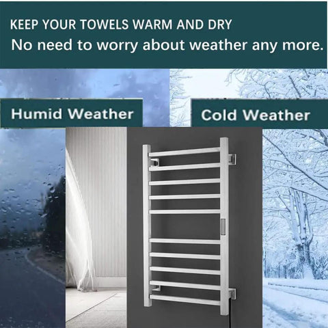 6 Bar Electric Heated Towel Rack Wall Mount Plug In Towel Warmer With Brushed Finish Timer Control shown against weather backdrop