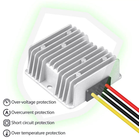 Heavy Duty DC Step Down Converter 48V To 12V And 72V To 12V Delivers Straight Up 10 Amp Power with aluminum heat sink and wiring connectors.