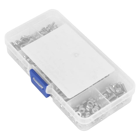 Dope 304 stainless steel pan head screws with hex nuts and washers set in a transparent storage box for easy access.
