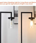 Industrial Floor Lamp With Glass Shade And Tall Pole, black metal frame showcasing clear bulb in modern living room setting.