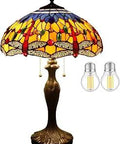 Cool Tiffany Style Stained Glass Dragonfly Table Lamp, 16 Inch Shade, 24 Inch Tall with antique green bronze metal base, bulbs included