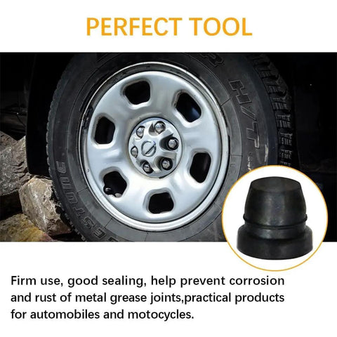 18 Piece Black Brake Dust Cover Kit with rubber dust covers for car tire and close-up of black rubber cap