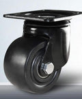 Heavy Duty Nylon Castor Wheels Industrial Silent Swivel Casters Built Like A Tank High Capacity Cart Roller Set Of Four close-up view of a black nylon caster with metal plate.