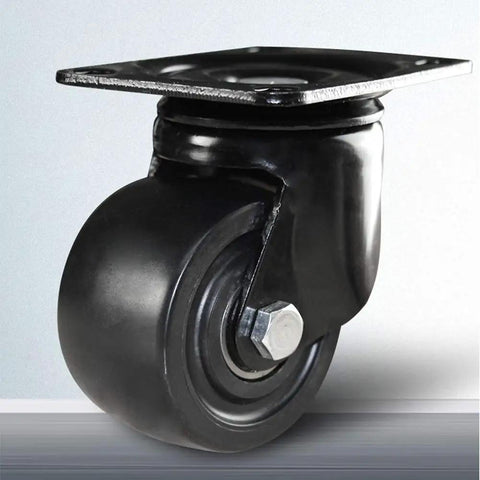 Heavy Duty Nylon Castor Wheels Industrial Silent Swivel Casters Built Like A Tank High Capacity Cart Roller Set Of Four close-up view of a black nylon caster with metal plate.