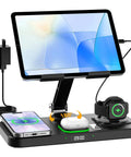 6 In 1 Wireless Charging Station For Apple Devices With Foldable Stand Clock Display And 7 Color Ambient Lights Black