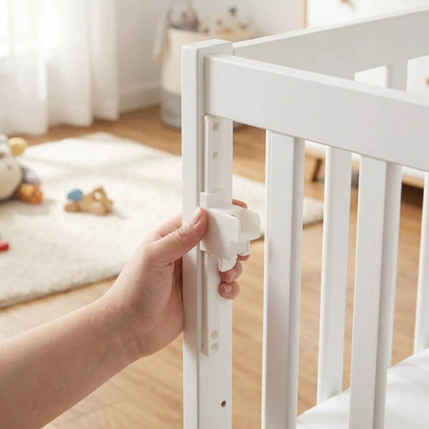 Hand using Crib Rail Lifter Kit For Easy One Hand Up And Down Bed Rails With Smooth Sliding Track on white crib.
