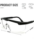 Heavy Duty Anti Fog Safety Glasses With Legit Clear Polycarbonate Lenses And Adjustable Temple Arms For Zero Eye Strain and Scratch Proof Shield dimensions displayed