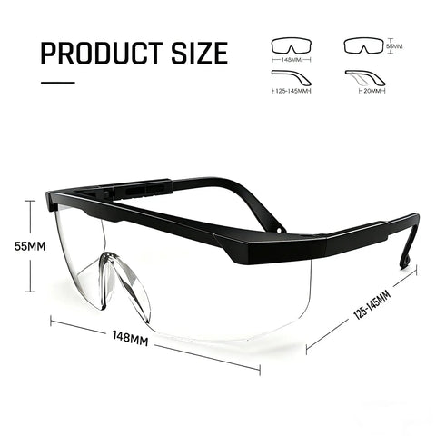 Heavy Duty Anti Fog Safety Glasses With Legit Clear Polycarbonate Lenses And Adjustable Temple Arms For Zero Eye Strain and Scratch Proof Shield dimensions displayed