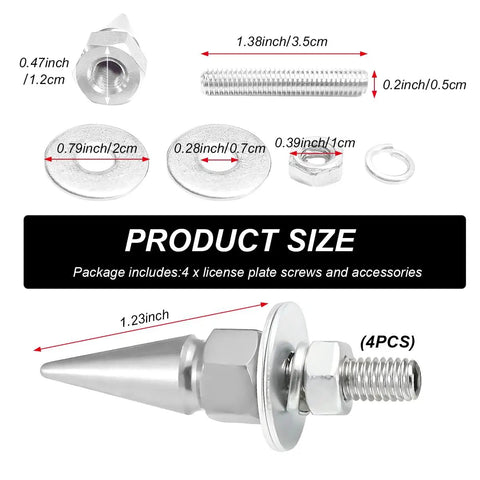 4 Pcs Spike License Plate Screws Set For Cars And Motorcycles Anti Theft Aluminum Fasteners With Spike Frame Bolts Easy License Plate Security For Cars Trucks And Bikes Silver Finish product size details