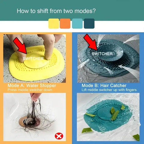 Kick Those Dreadful Sink Clogs To The Curb With This Blue Bathroom Drain Hair Catcher, Irregular Pattern Strainer Filter, And Sturdy Bath Stopper Plug For Modern Homes showing switching modes for hair catcher.