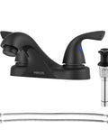 Two Handle Matte Black Bathroom Sink Faucet With Metal Drain Assembly And Supply Hose Lead Free cUPC NSF 61 Certified