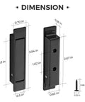 Matte Black Flush Mount Pocket Door Pull Handle dimensions with self-retracting mechanism, suitable for doors up to 0.69 inches thick.