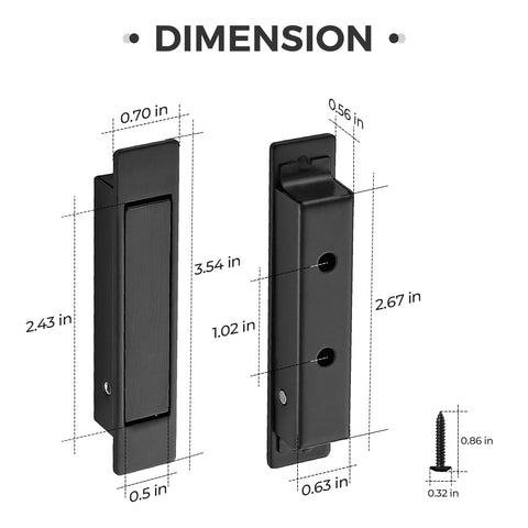 Matte Black Flush Mount Pocket Door Pull Handle dimensions with self-retracting mechanism, suitable for doors up to 0.69 inches thick.