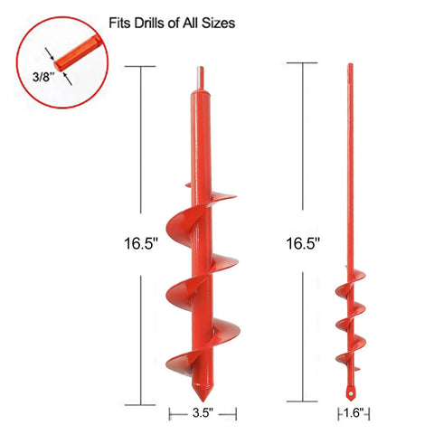 Garden Auger Drill Bit For Planting Set Of 2 Earth Spiral Drill Bits, 3/8 Inch Hex Drive, 16.5 Inch Length, Sizes 1.6 to 3.5 Inches
