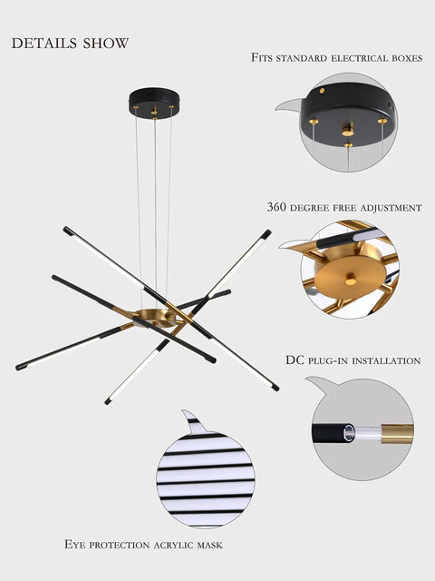Dope Modern LED Chandelier With Easy Install Embedded Pendant Lights, Sputnik Style Hanging Lamp details, black and gold finish