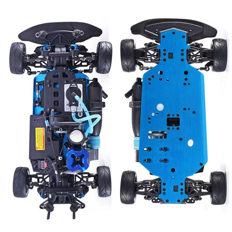 Underside view of Nitro RC Car One Tenth Scale For Adults 4WD Drifter With Dual Speed Eighty Kmph Power Metal Chassis Methanol Fuel
