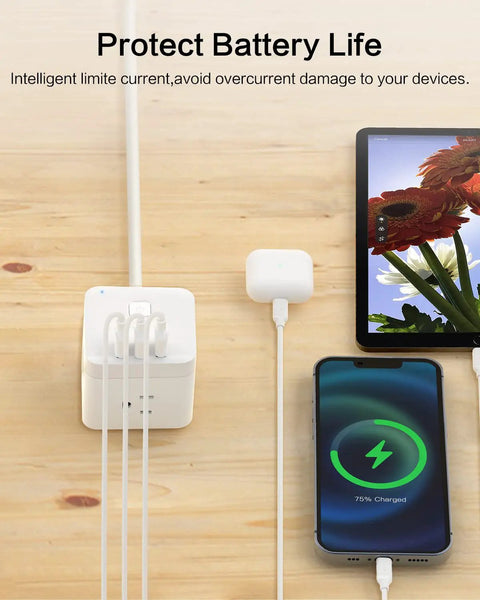 Ultra Compact Six Outlet Surge Protector with phone and tablet charging, space-saving cube design on wooden surface.