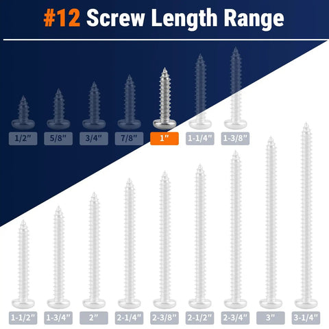 #12 Screw Length Range showing Hella Tough 304 Stainless Steel Phillips Pan Head Wood Screws 12 X 1 Inch.