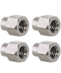 Close-up of four Stainless Steel M2.5 Long Wheel Nuts for TRX4M 1 18 Scale RC Crawlers, showing precise threads.