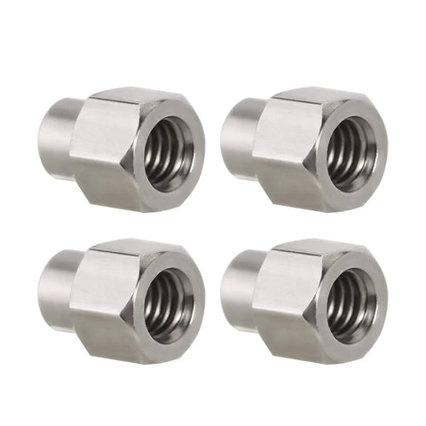 Close-up of four Stainless Steel M2.5 Long Wheel Nuts for TRX4M 1 18 Scale RC Crawlers, showing precise threads.