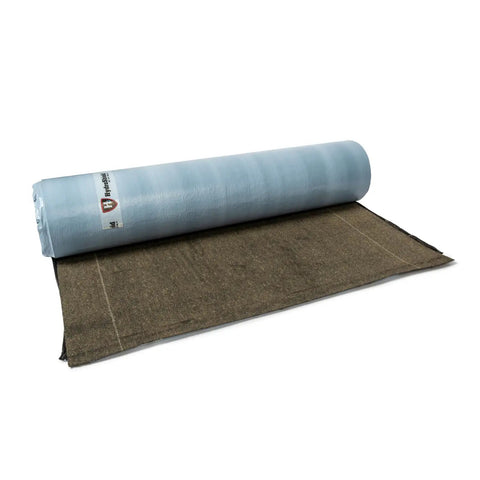 Beefed Up Self Adhering Ice And Water Shield Roof Underlayment Roll With Secure Walk Surface showing blue roll and brown liner.
