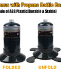 Portable Propane Camp Stove With 10,000 BTU Bottle Top Burner folded and unfolded showing ABS plastic base