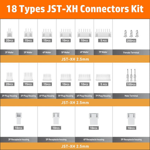 18 types of 2.5mm JST XH connectors and crimp pins in kit, various housings and terminals labeled