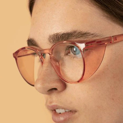 2 Pack Woman Safety Glasses Stand Guard Against Dust And Blue Light With Anti Fog Side Shields Pink Clear Frames Kick Glare While You Grind At Computer Desk UV400 - close-up view on face