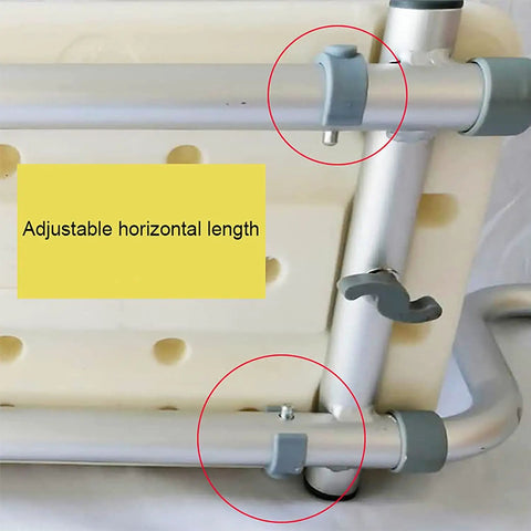 Underside view showing adjustable frame of Heavy Duty Bath Bench And Adjustable Aluminum Shower Stool for Tubs Fits 23 to 29 Inch Opening Plastic Bath Seat for Seniors Non Slip Elderly Bath Chair Up to 260 Lb Weight Capacity