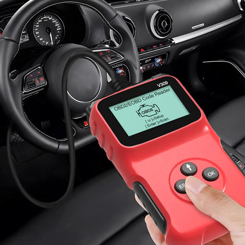 Universal OBD2 Code Reader And Diagnostic Tool with crisp LCD screen in hand inside a car, showcasing sturdy design.