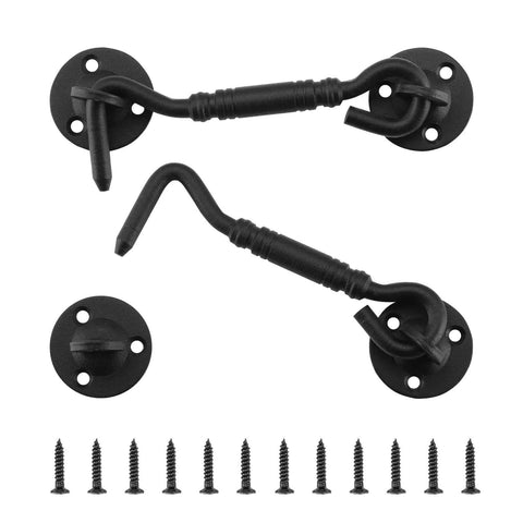 Barn Door Hook and Eye Latch for Privacy 4 Inch Gate Lock Hardware Built To Last Rustproof Cabin Hooks with screws, black, 2 pack