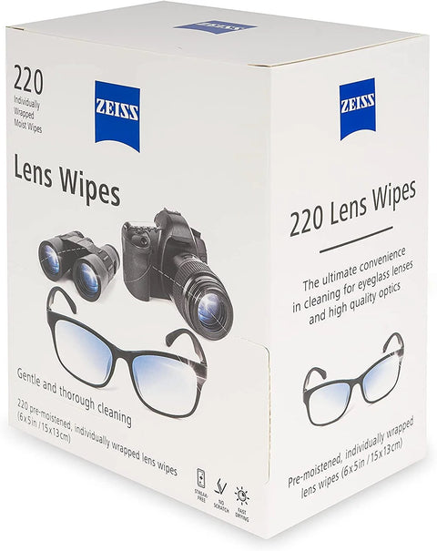 Box of Zeiss Lens Wipes For Glasses And Sunglasses Premoistened Gentle Cleaning, showing packaging and lens illustrations.