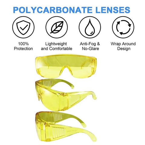 Heavy Duty Anti Fog Yellow Safety Goggles Real Deal Protective Eyewear Built To Go Over Prescription Specs For Dental Labs Teeth Whitening And Smooth Daily Construction Work, showing polycarbonate lenses with features.