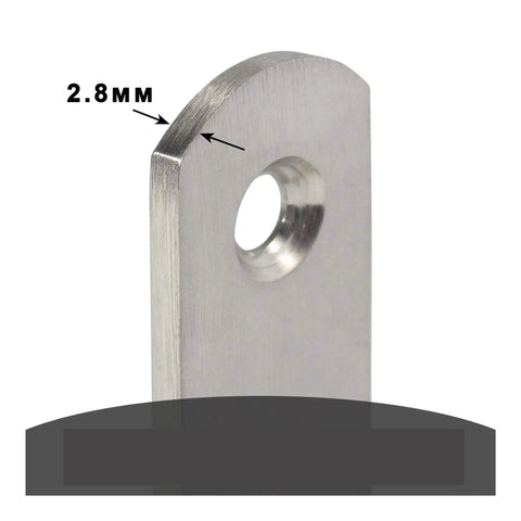 Close-up of a stainless steel L shape corner bracket showing 2.8mm thickness, designed for sturdy furniture joints.