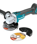 18V LXT Brushless Cordless Cut-Off And Angle Grinder with discs and guard, shown with automatic speed change feature