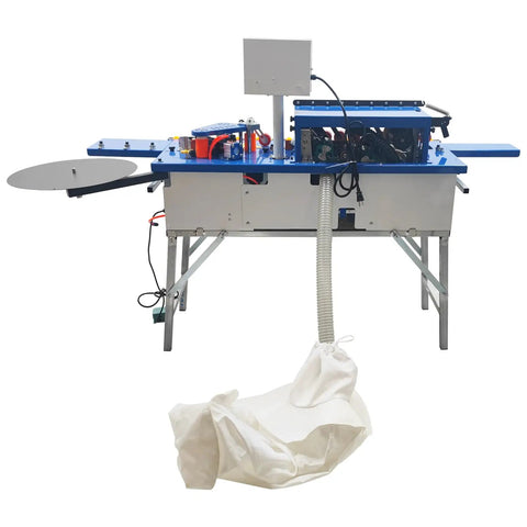 Knockout Automatic Woodworking Edge Bander For Curved And Straight Boards Dual Hot Melt Glue Adjustable Speed Auto Tape Break 110V side view of portable machine with dust collection bag.