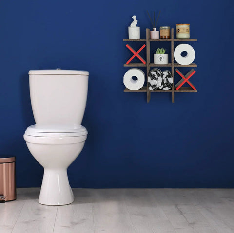 Tic Tac Toe Toilet Paper Holder Stand With Rustic Farmhouse Wood Decor With Vibe, wall mounted, holds tissue and small bathroom items.