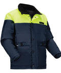 Heavy Duty Insulated Freezer Jacket Tailored To Brutal Cold Storage Jobs with navy shell and fluorescent yellow top.