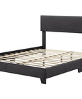 Queen Size Faux Leather Bed Frame With Adjustable Headboard In Sleek Black showing slatted base and sturdy design.