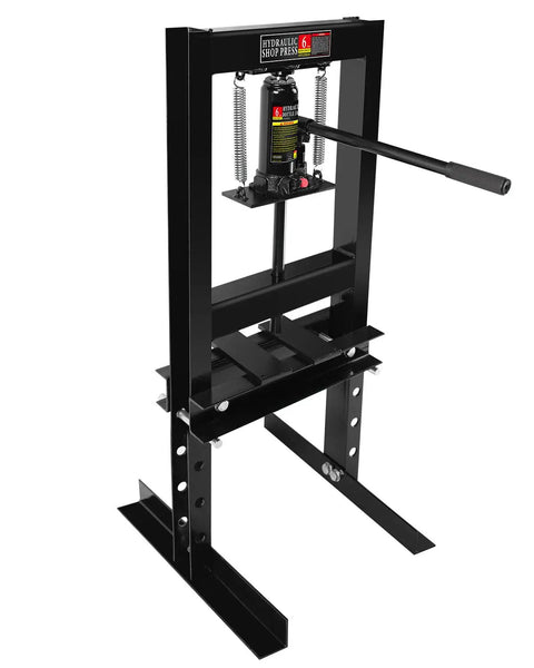 Front view of 6 Ton H Frame Shop Press With Adjustable Height For Garage Floor Use, heavy duty hydraulic press with stamping plates.