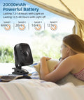 Woman relaxing in tent with 20000mAh Rechargeable Clip On Fan With 78 Hours Battery Life 8 Inch Personal Cooling for camping