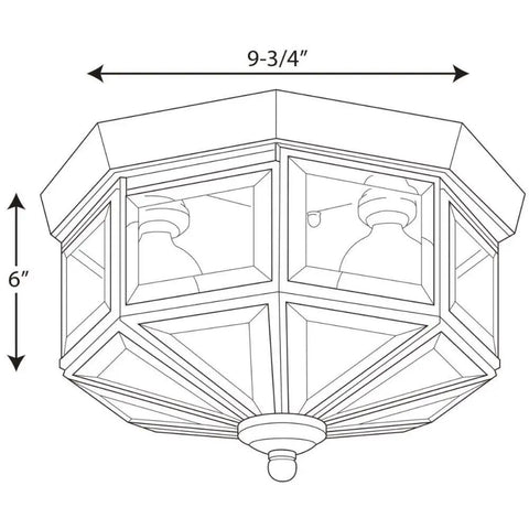 Diagram of Three-Light Beveled-Glass Close-To-Ceiling Indoor Fixture In Polished Brass, 9-3/4 in W x 6 in H, Model P5788-10