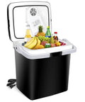 28 Quart Portable Mini Fridge And Electric Cooler Warmer For Car With 12V Dc Plug And Auto Locking Handle filled with drinks and fruits.