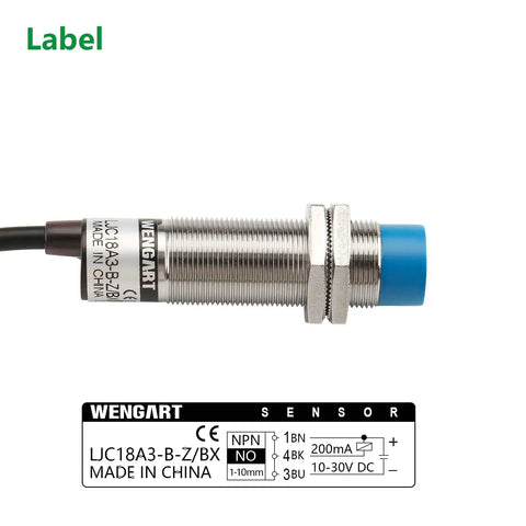 Capacitive Proximity Sensor Switch M18 3 Wire NPN Normally Open DC 10 to 30V 300mA Detecting Distance 10mm No-Drill Tank Monitoring Through Plastic or Glass Containers side view with label