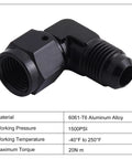 6AN Female To 6AN Male Flare Swivel Fitting Adapter 90 Degree Aluminum Black Anodized 6061T6 Finish With 9 16 18 UNF Thread Two Pack For High Pressure Automotive Fuel And Oil Lines Go To Durable Aluminum Construction For Durability In Sudden Pressure And 90-degree black 6061-T6 aluminum fitting, 9/16-18 UNF thread