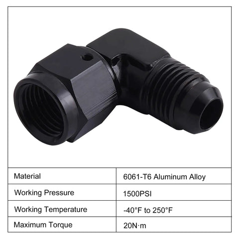 6AN Female To 6AN Male Flare Swivel Fitting Adapter 90 Degree Aluminum Black Anodized 6061T6 Finish With 9 16 18 UNF Thread Two Pack For High Pressure Automotive Fuel And Oil Lines Go To Durable Aluminum Construction For Durability In Sudden Pressure And 90-degree black 6061-T6 aluminum fitting, 9/16-18 UNF thread