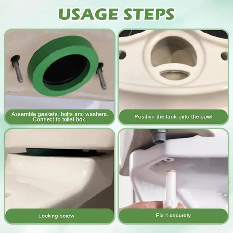 3 Inch Toilet Tank To Bowl Coupling Kit For Champion 4 Toilets installation steps with green washer, gaskets, bolts, and nuts.