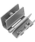 180 Degree Glass Door Hinge for Cabinets and Showers Stainless Steel Multipurpose Clamp Hinge for Bathroom Kitchen and Display Cabinets Durable Rustproof Hardware Easy Install, stainless steel clamp hinge shown close-up